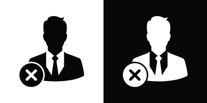 Businessman avatar profile icon with a cross symbol, representing a deleted account, rejected user, blocked access, and inactive member vector sign.