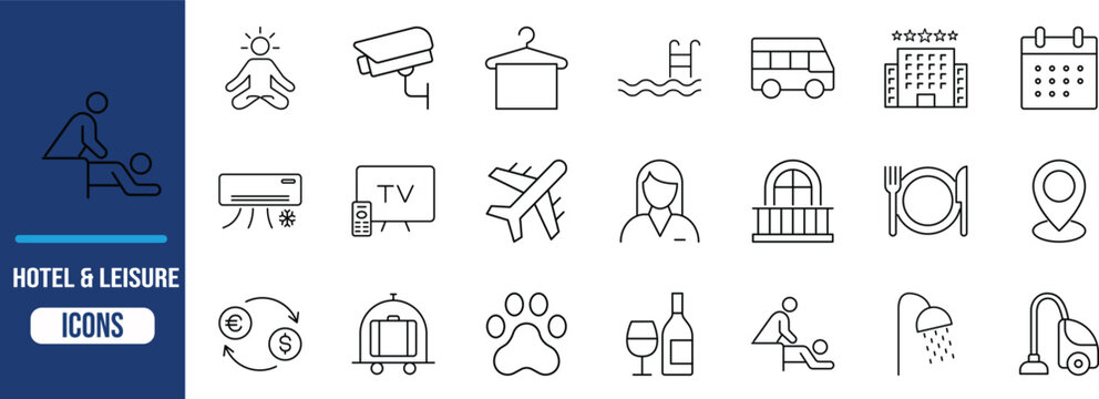 Hotel travel leisure services line icons. hotel icon set, airplane icon set, bus icon set