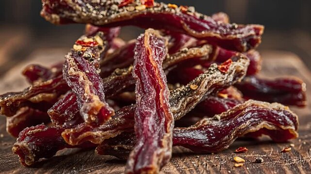 Deliciously Dried Beef Jerky Stacked on a Rustic Wooden Surface.