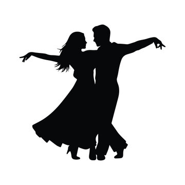 Couple performing ballroom dance, elegant pose, black vector illustration.