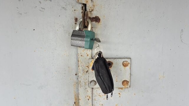 The gray metal gate is locked with a padlock with a green plastic insert. The keys, in a leather case, swing in the wind. High quality FullHD footage