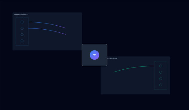 API integration diagram with dark UI theme, software architecture flowchart for data exchange, technical backend development vector illustration
