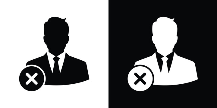 Businessman avatar profile icon with a cross symbol, representing a deleted account, rejected user, blocked access, and inactive member vector sign.