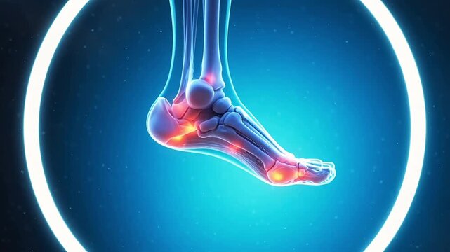 Medical 3D illustration of human foot skeleton joint with red glowing painful areas