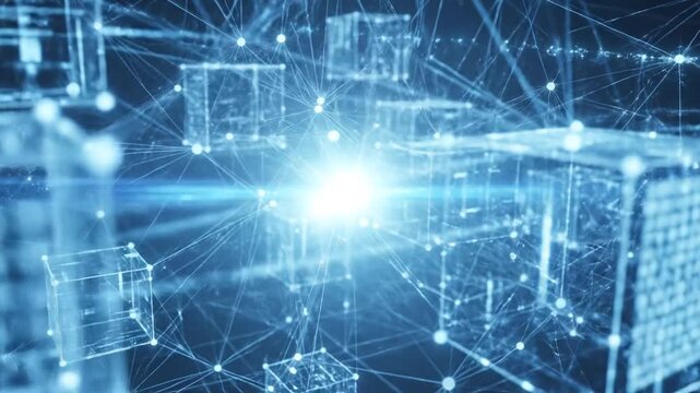 Abstract Digital Network Connection with Glowing Blue Cubes and Plexus Lines.