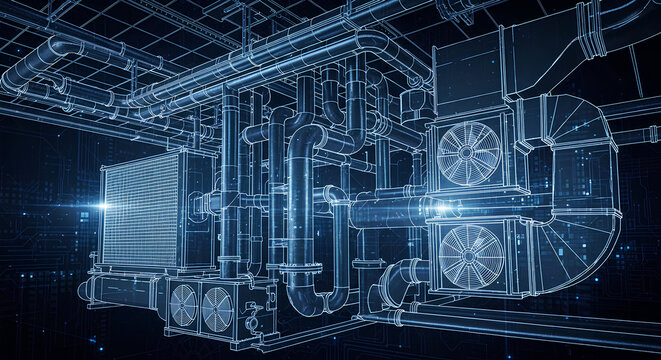 Detailed blueprint of industrial machinery and complex systems.