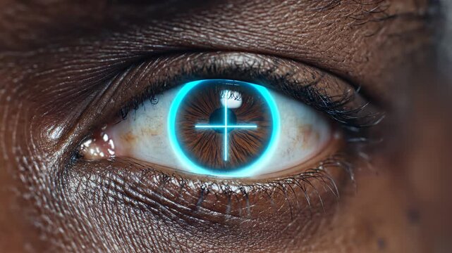 Closeup of human eye with digital overlay emphasizing network speed and cloud computing