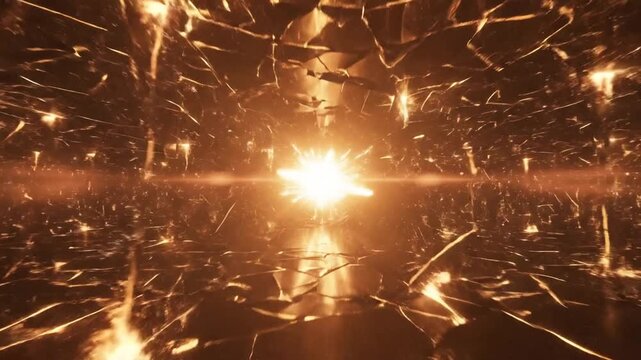 Abstract Golden Light Tunnel with Fractal Geometric Patterns and Bright Central Glow.