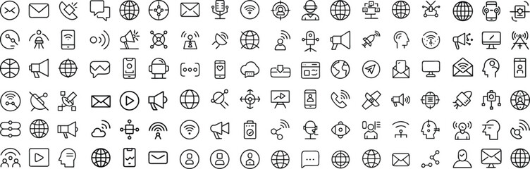 Fototapeta premium A comprehensive collection of line art icons representing various communication and technology concepts, presented in a grid layout.
