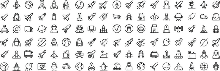A collection of outline icons representing various space exploration and travel elements, including rockets, planets, astronauts, and satellites, arranged in a grid. © Nur