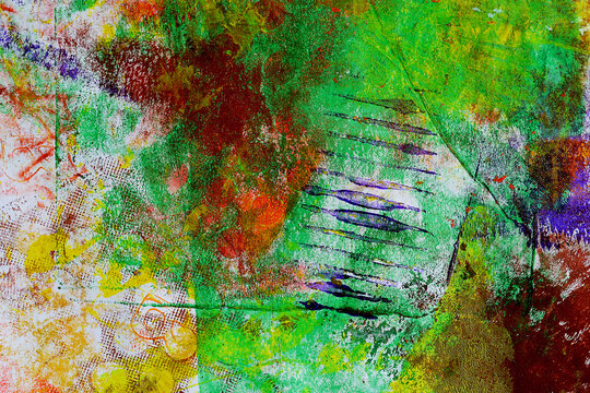 Dirty abstract grunge paint background with messy acrylic textures, rough monoprint marks and expressive mixed media details. Raw colorful artistic backdrop inspired by experimental contemporary art.
