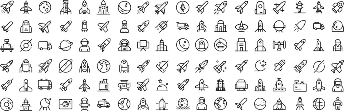 A collection of outline icons representing various space exploration and travel elements, including rockets, planets, astronauts, and satellites, arranged in a grid.