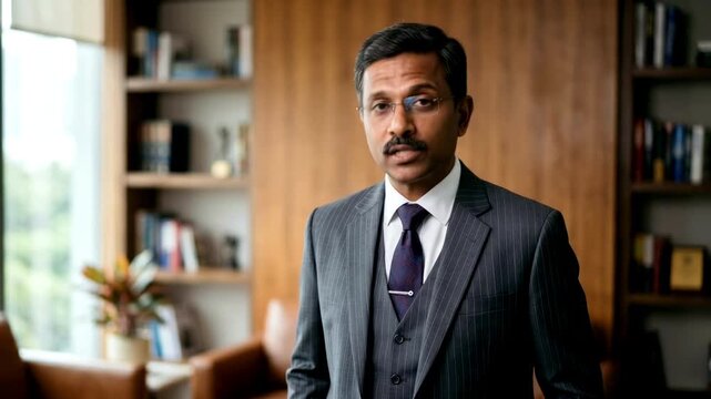 A middle-aged Indian businessman wearing glasses and a grey suit with a tie talking in a business meeting in a modern executive office.
