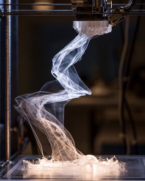 Medium shot of flexible material 3D printing in progress capturing dynamic movement and elastic characteristics for customizable lighting prototypes.