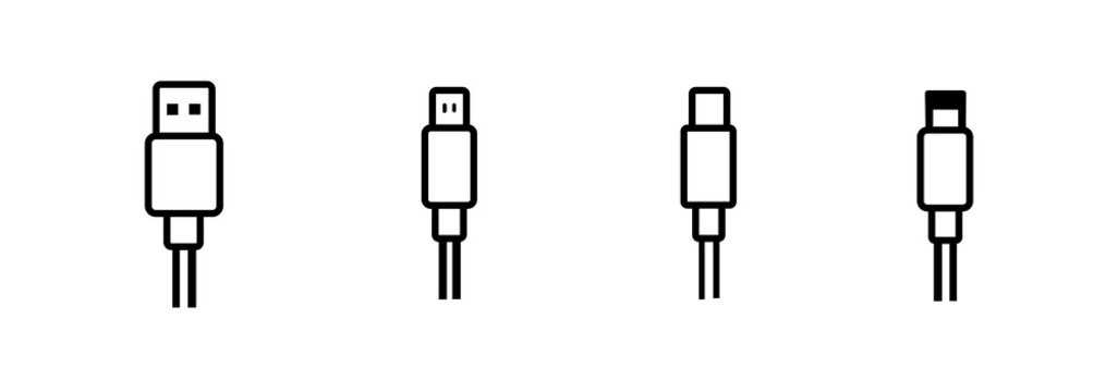 Mobile phone charger icon set. USB cable icon outline style. Charger icon illustration pack.