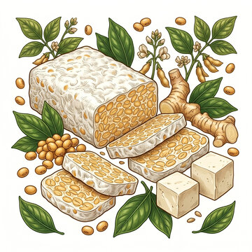Indonesian Tempe and Tahu Illustration, Traditional Javanese Fermented Soybean Superfood with Soybeans and Tropical Herbs on White Background