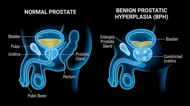 Medical illustration comparing normal prostate and benign prostatic