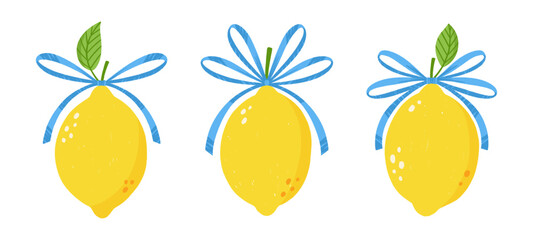 Obraz premium Lemon with green leaf and blue bow, set of three. Hand drawn illustration with crayon texture. Bright yellow citrus fruits. Lemonade vintage icons. Perfect for summer designs, fresh juice prints.