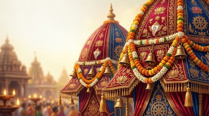 Fototapeta premium Close up of ornate ratha yatra chariot decorations with bells and flowers.