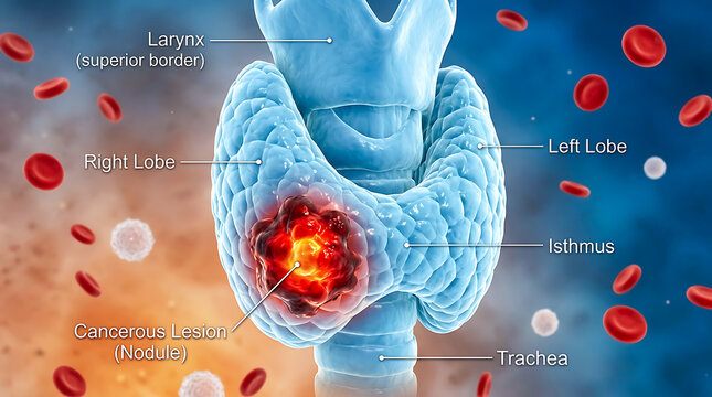 Medical diagram of thyroid nodule and larynx anatomy with endocrinolog