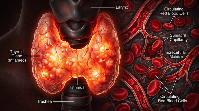 Human thyroid gland and blood circulation anatomy illustration