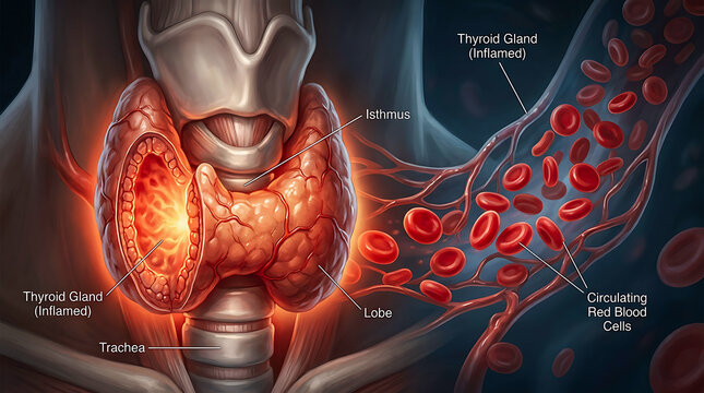 Anatomical view of thyroid gland and circulating blood cells