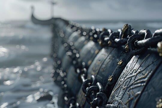 Row of viking shields mounted along ancient longship, AI-generated.