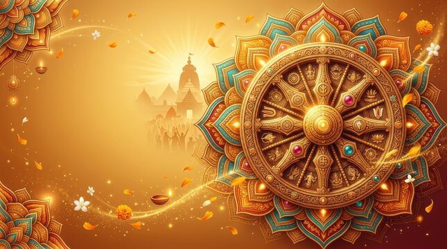 Ornate golden wheel of konark temple surrounded by glowing mandala patterns and floating petals on radiant yellow background space.