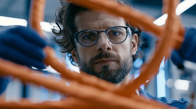 Medium shot of engineer performing electrical testing on shielded thick orange EV cables emphasizing advanced diagnostic equipment and safety protocols in the lab.