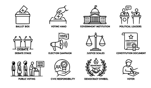 Political system monoline icon set election democracy civic participation vector outline collection