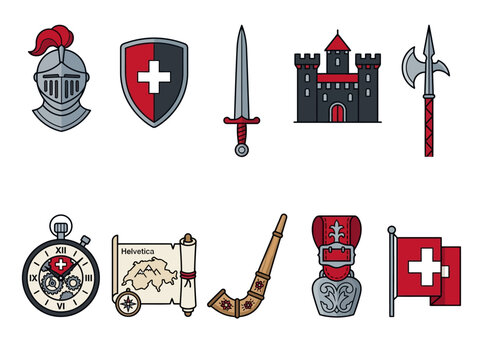 Switzerland Cultural and Historical Symbols Flat Vector Icon Set Featuring Medieval Knight Gear, Swiss Flag, Alphorn, Watch, and Castle