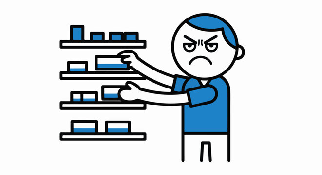 Frustrated man organizing cluttered digital shelves effectively.
