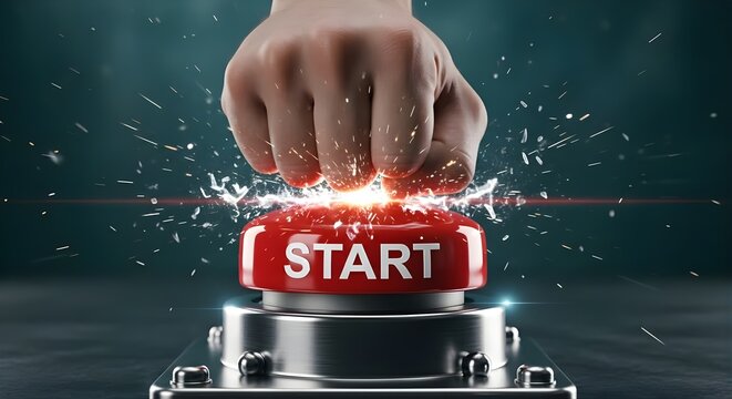 Hand Pushing a Large Red Start Button with Sparks Flying.