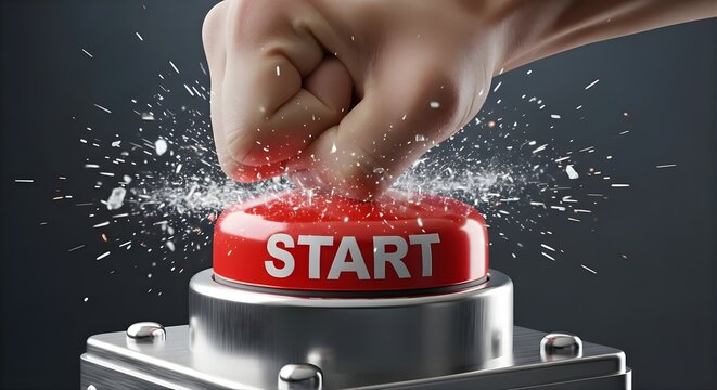 Hand pressing a large red start button with explosive effect.