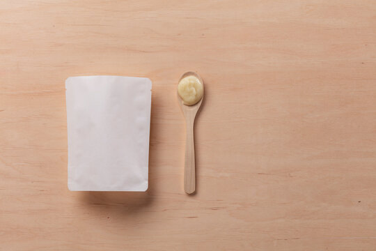 Still life of dummy food packaging for baby food.