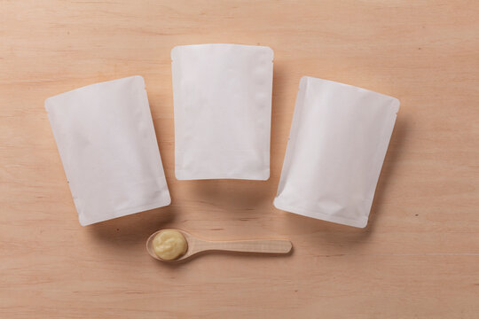 Still life of dummy food packaging for baby food.