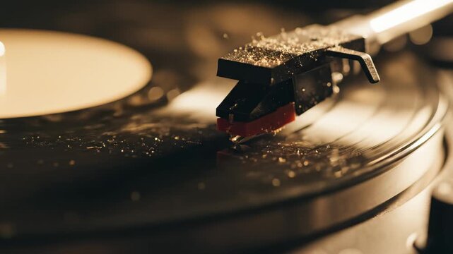 Closeup of a vinyl record player needle highlighting artificial intelligence and digital evolution