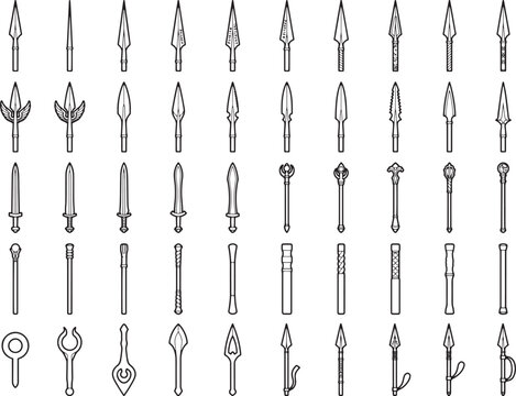 Collection of medieval weapon illustrations, featuring various spears, swords, maces, and other polearms in a clean, line-art style.