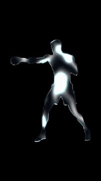 Silver metallic man boxing fighter shadowboxing silhouette. Alpha channel. Seamless loop video.