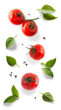 seasoning herb fresh leaves basil and tomatoes isolated on transperent background