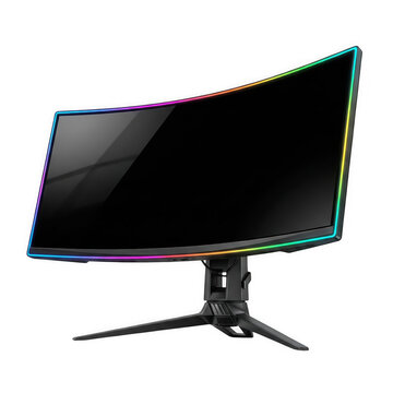 A large curved computer monitor with colorful lighting on the edges and a black screen isolated on transparent background