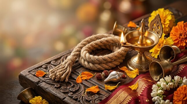 Still life with brass oil lamp heavy rope and conch shell on carved wood for religious festival preparation with flowers and silk.