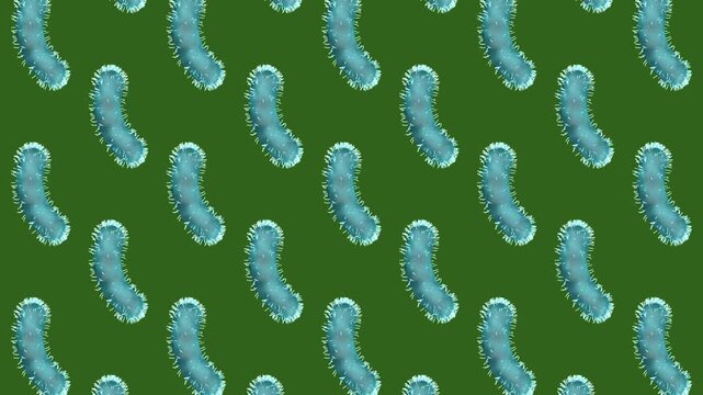 Blue bacteria pattern background moves smoothly with simple directional motion on a green backdrop, playful microscopic themed design for science and medical visuals, 3D animation