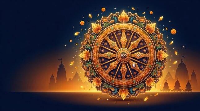 Golden ornamental dharma wheel design with lotus petals and spiritual symbols over silhouette of ancient indian temple complex.