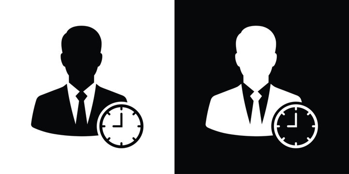 Businessman avatar profile icon with a clock, representing punctuality, time management, schedule tracking, work hours, and deadline vector sign.