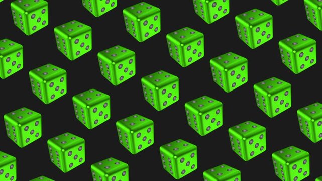 Green dice pattern background moves smoothly with simple directional motion on a black backdrop, playful casino and gaming themed design for fun entertainment visuals, 3D animation
