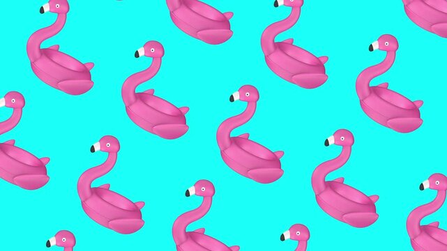 Pink flamingo pattern background moves smoothly across a bright turquoise backdrop, playful tropical summer design for pool party and vacation themed visuals, 3D animation