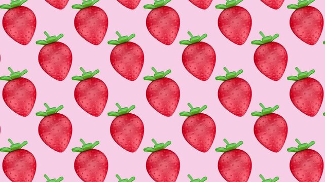 Strawberry pattern background moves smoothly with simple directional motion on a light backdrop, playful fruit themed design for summer, fresh food and seasonal visuals, 3D animation