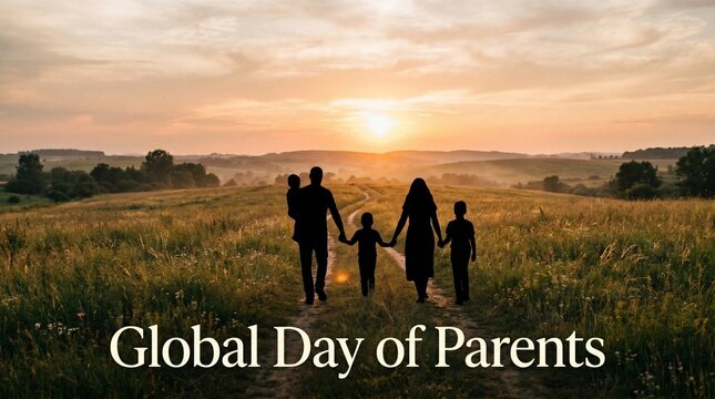 Global Day of Parents cinematic horizontal banner featuring family silhouette walking hand in hand at golden hour sunset