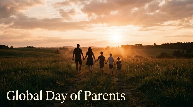 Global Day of Parents cinematic horizontal banner featuring family silhouette walking hand in hand at golden hour sunset